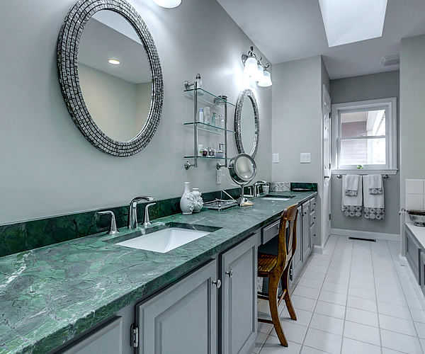 Cabinetry by SM Hall - Bedford Transitional Bathroom - White Shaker Cabinets, Grey Cabinets, Verde Fantastico Quartzite