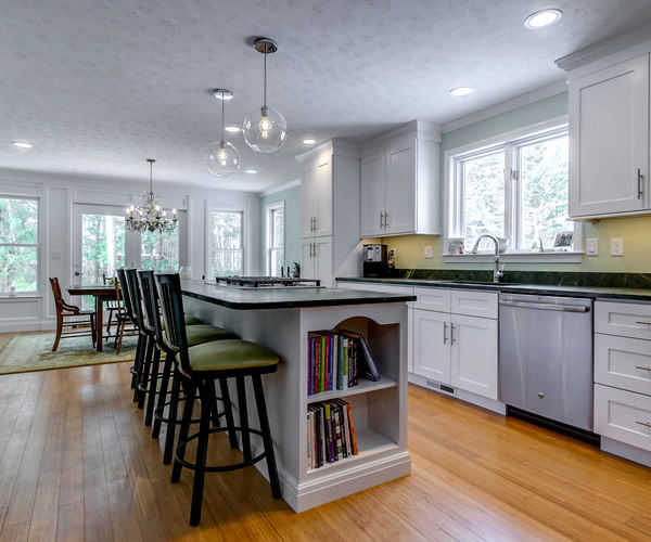 Cabinetry by SM Hall - Bedford Transitional Kitchen - White Shaker Cabinets, Grey Cabinets, Verde Fantastico Quartzite
