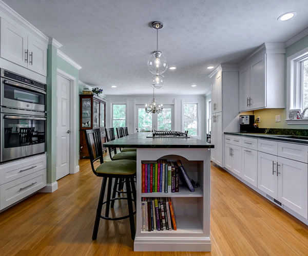 Cabinetry by SM Hall - Bedford Transitional Kitchen - White Shaker Cabinets, Grey Cabinets, Verde Fantastico Quartzite