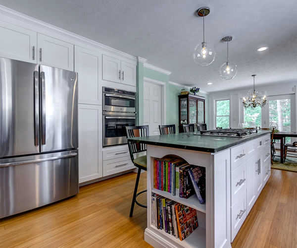 Cabinetry by SM Hall - Bedford Transitional Kitchen - White Shaker Cabinets, Grey Cabinets, Verde Fantastico Quartzite