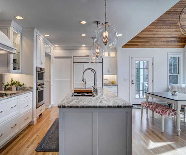Cabinetry by SM Hall - Classic Traditional New England Kitchen and Bath - Classic Traditional New England Details, Custom Fireplace Built-in, Window Bench, Custom Coffered Ceiling