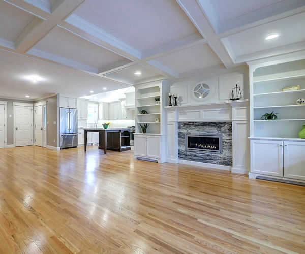 Cabinetry by SM Hall - Classic Traditional New England Kitchen and Bath - Classic Traditional New England Details, Custom Fireplace Built-in, Window Bench, Custom Coffered Ceiling
