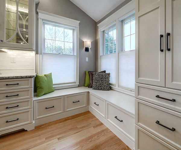 Cabinetry by SM Hall - Classic Traditional New England Kitchen and Bath - Classic Traditional New England Details, Custom Fireplace Built-in, Window Bench, Custom Coffered Ceiling