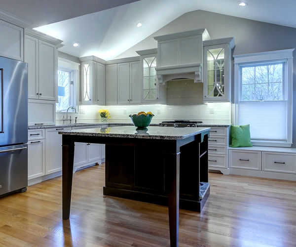 Cabinetry by SM Hall - Classic Traditional New England Kitchen and Bath - Classic Traditional New England Details, Custom Fireplace Built-in, Window Bench, Custom Coffered Ceiling
