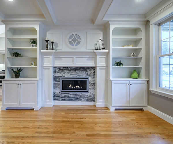 Cabinetry by SM Hall - Classic Traditional New England Kitchen and Bath - Classic Traditional New England Details, Custom Fireplace Built-in, Window Bench, Custom Coffered Ceiling