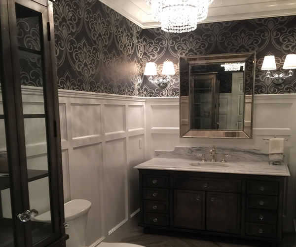 Cabinetry by SM Hall - Traditional Style Bath -Traditional Style, Transitional Style, White Cabinets, Glamorous, curved mullions, custom mosaic tile backsplash, custom hidden storage cabinets