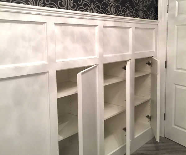 Cabinetry by SM Hall - Traditional Style Bath -Traditional Style, Transitional Style, White Cabinets, Glamorous, curved mullions, custom mosaic tile backsplash, custom hidden storage cabinets