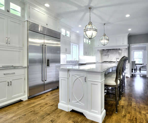 Cabinetry by SM Hall - Traditional Style Kitchen and Bath -Traditional Style, Transitional Style, White Cabinets, Glamorous, curved mullions, custom mosaic tile backsplash, custom hidden storage cabinets