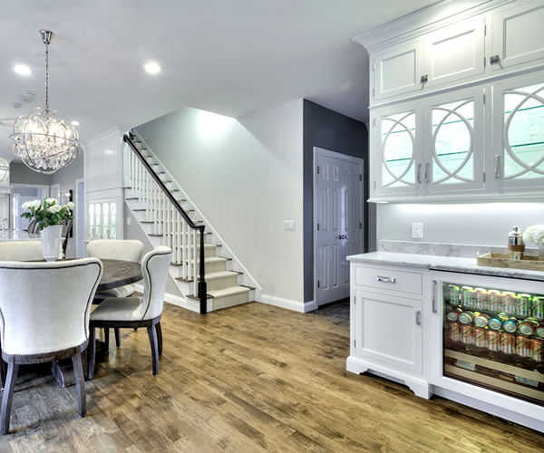 Cabinetry by SM Hall - Traditional Style Kitchen and Bath -Traditional Style, Transitional Style, White Cabinets, Glamorous, curved mullions, custom mosaic tile backsplash, custom hidden storage cabinets