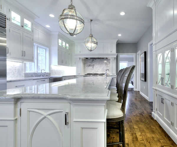 Cabinetry by SM Hall - Traditional Style Kitchen and Bath -Traditional Style, Transitional Style, White Cabinets, Glamorous, curved mullions, custom mosaic tile backsplash, custom hidden storage cabinets