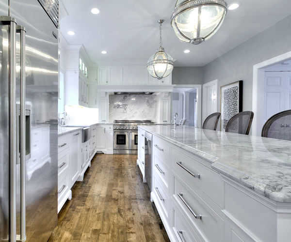 Cabinetry by SM Hall - Traditional Style Kitchen and Bath -Traditional Style, Transitional Style, White Cabinets, Glamorous, curved mullions, custom mosaic tile backsplash, custom hidden storage cabinets