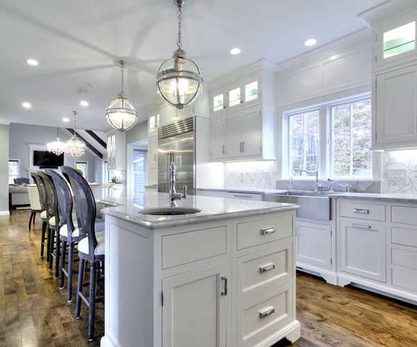 Cabinetry by SM Hall - Traditional Style Kitchen and Bath -Traditional Style, Transitional Style, White Cabinets, Glamorous, curved mullions, custom mosaic tile backsplash, custom hidden storage cabinets